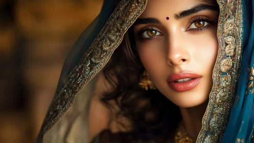 Golden gaze beneath a jeweled teal veil of quiet wonder.