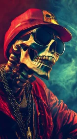 Skull in red streetwear jacket with cap and chains.