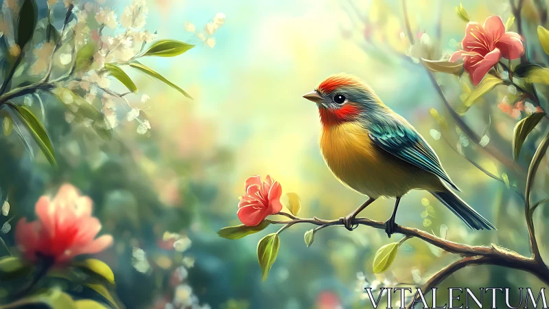 Vibrant songbird on flowering branch in dreamy digital painting.