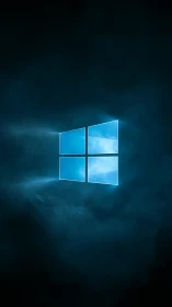 Glowing cyan window logo in volumetric blue fog field center