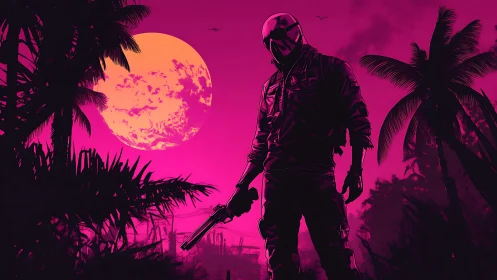 Neon dusk drifter beneath a blazing retro jungle moon.