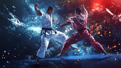 Karate fighters clash amid explosive abstract energy field