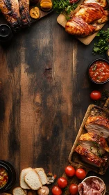 Roasted meats and fresh sides on rustic wooden table.