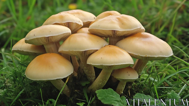 Golden forest mushrooms cluster on vivid green moss.