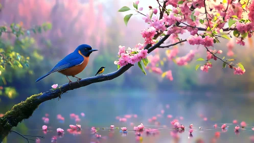Vibrant bluebirds on cherry blossom branch in dreamy spring setting.