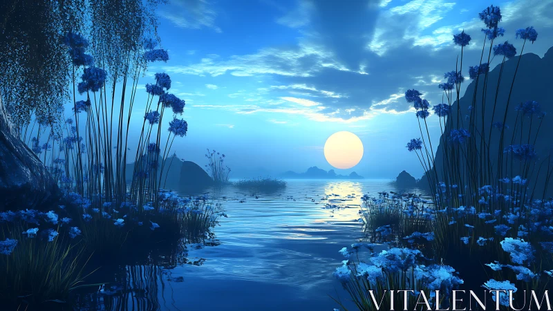 Blue fantasy lake at moonrise with glowing calm water.