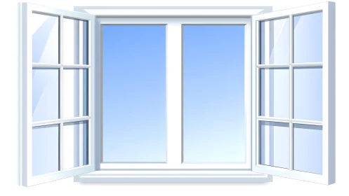 Open white-framed window illustration with clear blue sky background.