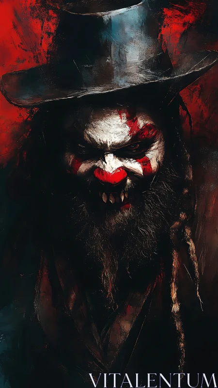 Dark portrait shows sinister clown figure in tall black hat