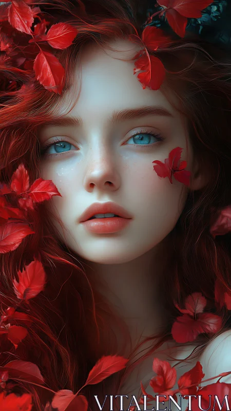 Cyan-eyed portrait framed by vivid crimson botanical leaves.