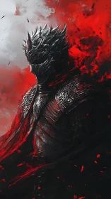 Infernal knight clad in jagged armor amid crimson storm.