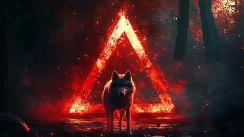 Lone wolf stands before a blazing neon triangle portal in dusk
