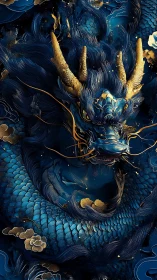 Majestic cobalt dragon coils through shimmering gold accents.