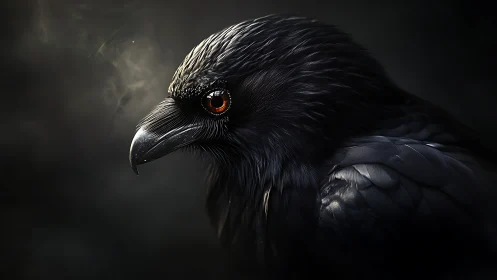Obsidan raven portrait with cinematic low‑key rim lighting.