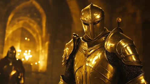 Gilded plate-armored knight in cathedral nave under warm torchlight