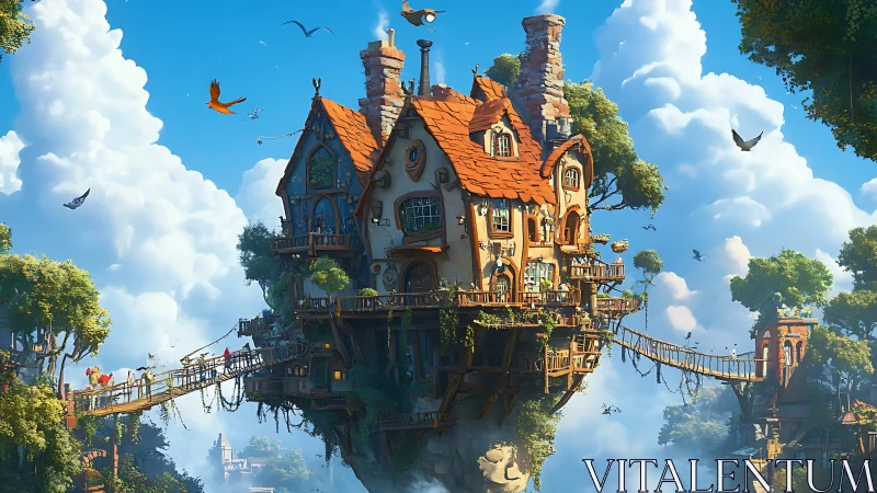 Floating fairytale cottage renders whimsical aerial village scene