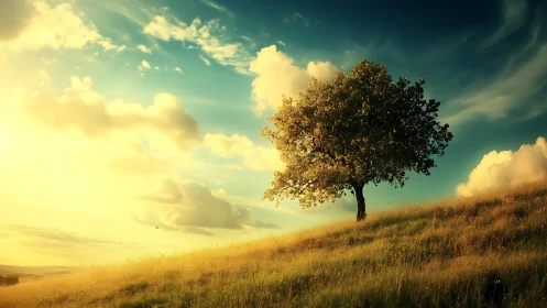 Lone tree on grassy hill at sunset in dreamy landscape style.