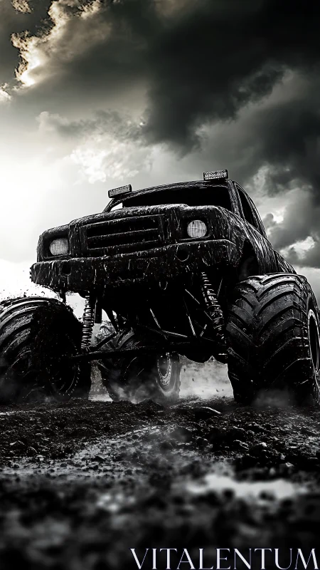 Roaring monster truck climbing through stormy mud skies.