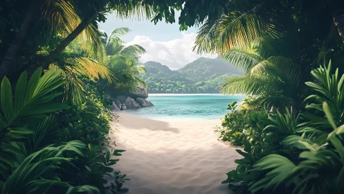 Tropical coastal landscape viewed through vegetation frame