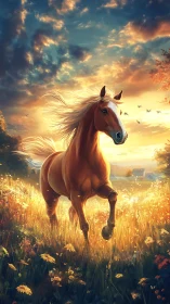 Sunlit stallion gallops through fields of blazing wildflowers