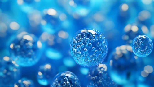 Glowing blue liquid spheres in dreamy macro depth of field.