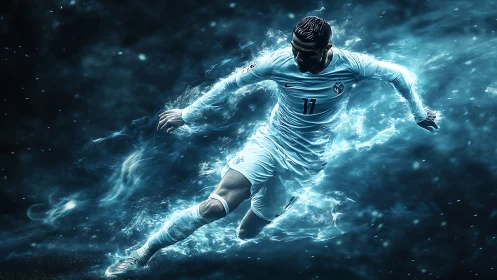 Starlit striker carved from swirling electric blue motion.