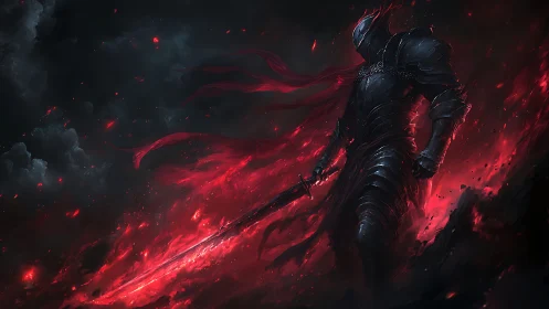 Dark armored warrior amid red inferno and swirling embers.