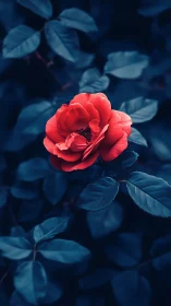 Radiant Red Rose Blooms Against Deep Blue Garden Foliage