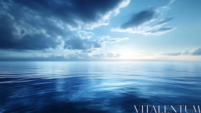 Sunrise light over calm reflective ocean horizon seascape.