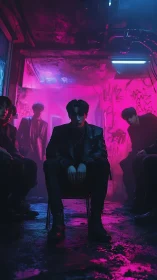 Brooding figure in neon alleyway under magenta haze.