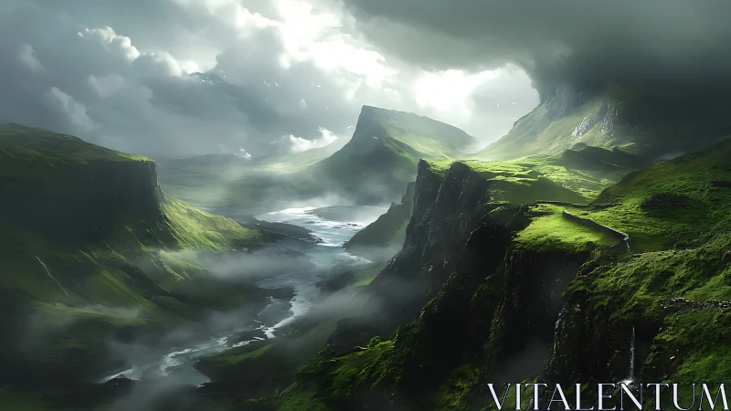 Emerald canyon valley under storm-lit volumetric skyscape.