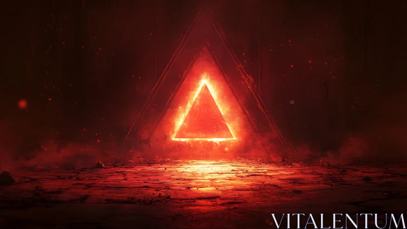 Geometric triangle form emits incandescent radiance in darkened environment.