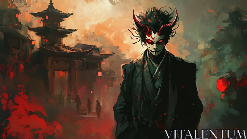 Horned demon drifts through burning neon temple streets.