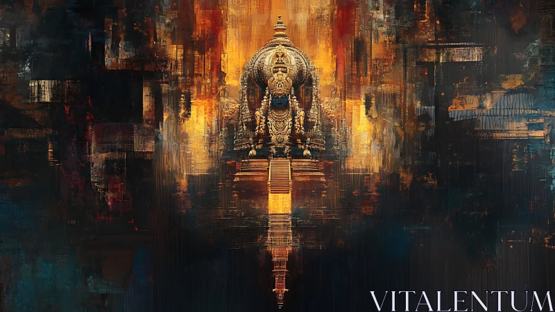 Intricate temple-like idol rendered in layered abstract digital textures