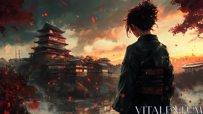 Samurai youth watching autumn-lit Japanese lakeside castle.