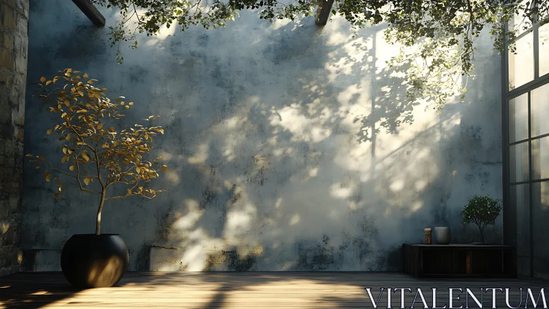 Sunlit courtyard wall with potted tree and soft shadows.