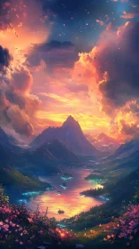 Luminous alpine lake at sunset with ethereal sky rendering.