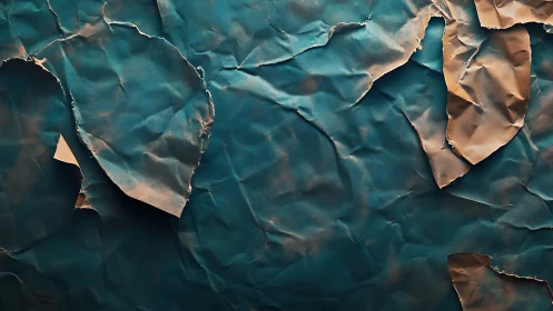 Torn teal paper surface with directional raking light and deep creases