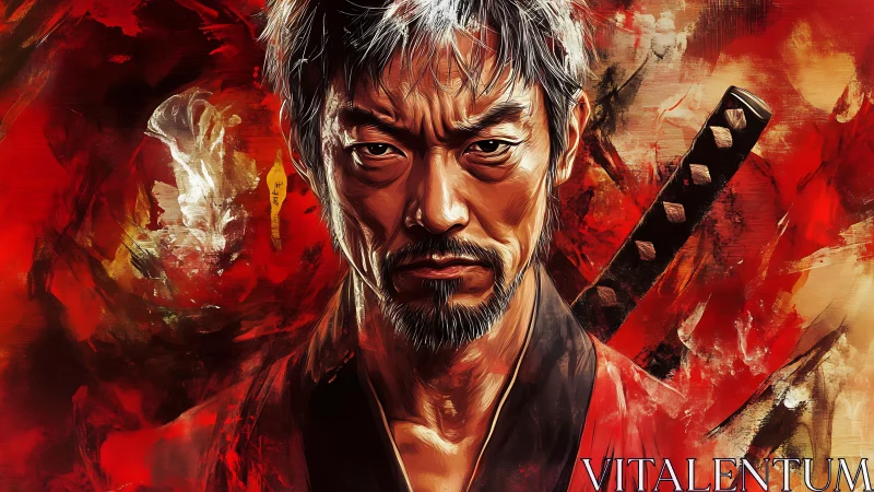 Brush-textured samurai portrait emphasizes intense facial realism