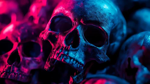 Neon-lit human skulls rendered in dramatic cyan magenta contrast