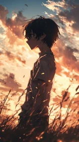 Silhouetted youth in tall grass under orange sunset sky.