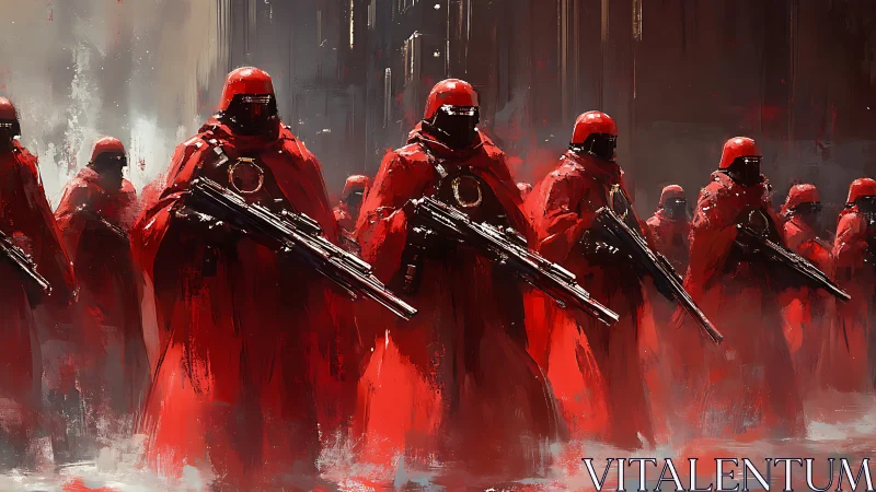 Crimson legionnaires march through a storm of distant war.