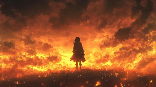 Silhouetted girl confronting blazing horizon sky at dusk.