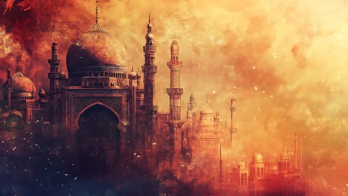 Golden fantasy palace rises within swirling celestial light.