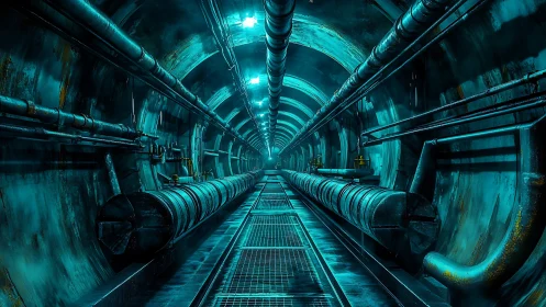 Cyan-illuminated industrial tunnel with converging pipelines.