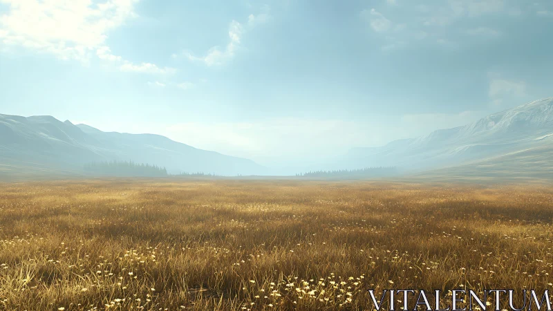 Sunlit grassland stretches toward distant misty mountains
