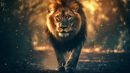 Golden forest lion walks forward with calm, steady power