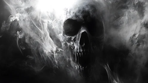Smoke-born skull shrieking from the void&rsquo;s pale horizon.