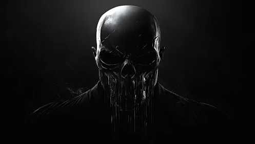 Monochrome skull-masked figure rendered in dripping chiaroscuro lighting