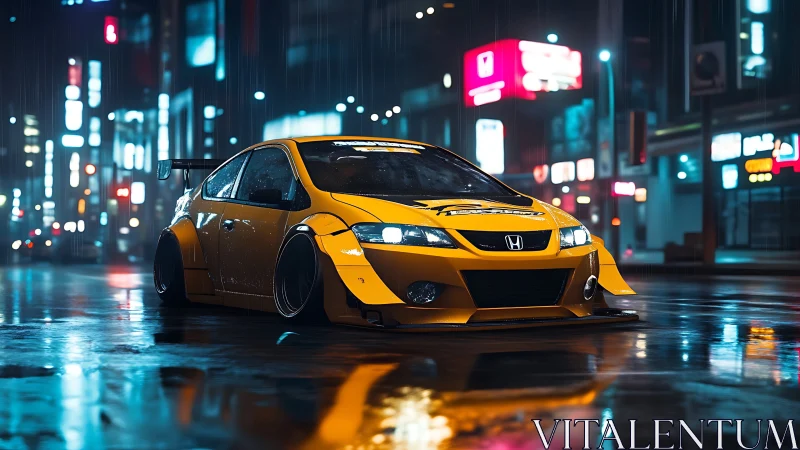 Midnight yellow street missile slicing neon rain slicks.