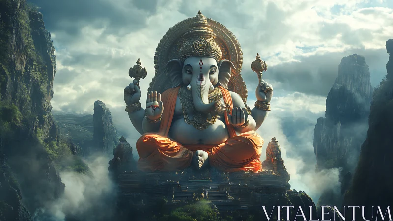 Monumental Ganesha statue amid misty mountain temples.